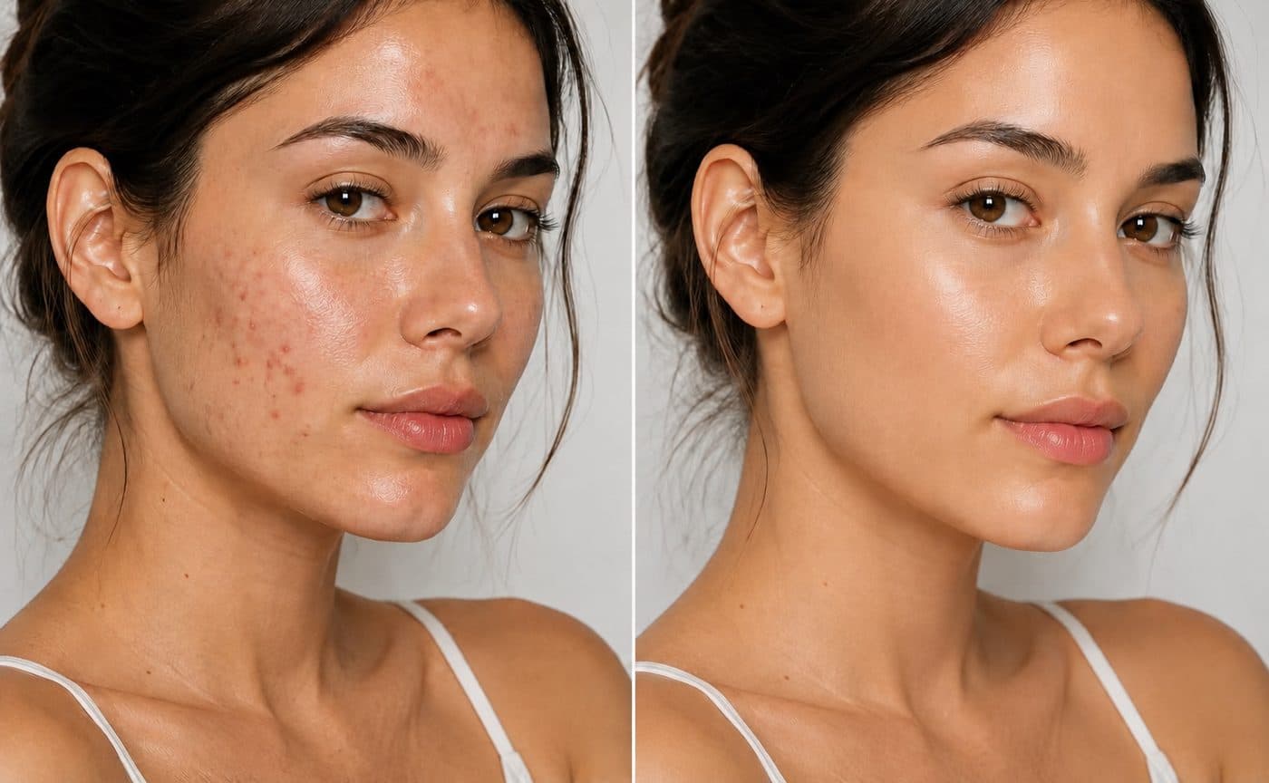 Comparaison illustrant une peau marquée par des imperfections à gauche et une peau apaisée à droite.